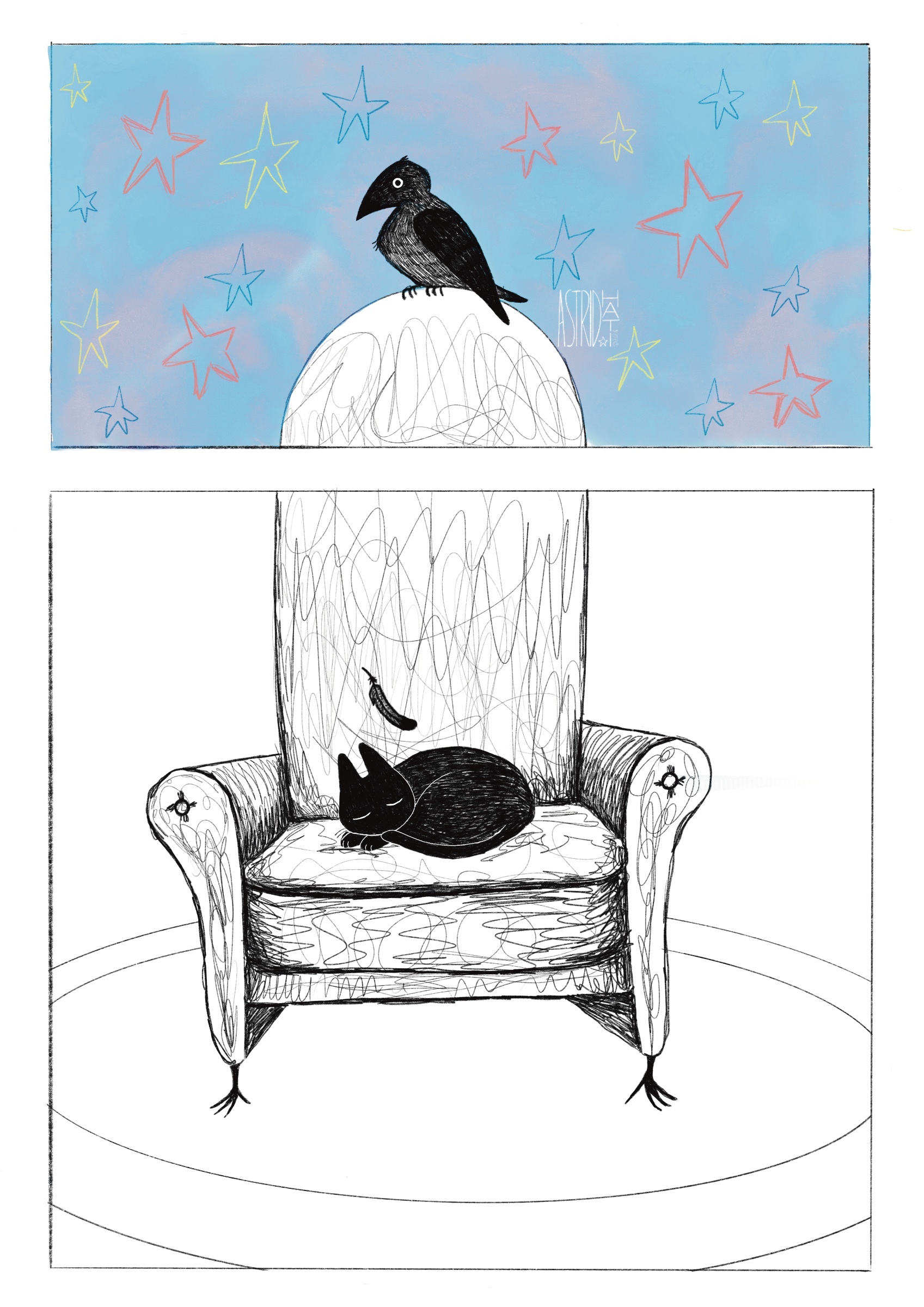 Una serie di tre illustrazioni narrative senza testo, in cui un gatto nero e un corvo interagiscono richiamando l'immaginario della stregoneria. Progetto personale, in cui sono le immagini a raccontare la storia senza bisogno di parole.